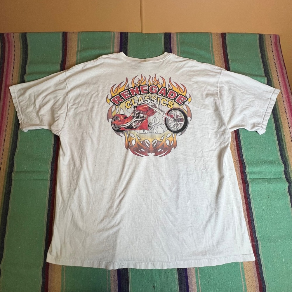 Y2K Biker flame Renegade Classics Tee Mens 3XL White Chopper Graphic Shirt